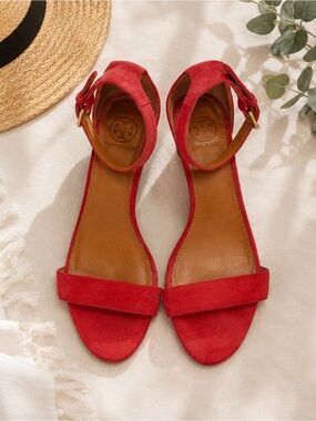 Tory Burch Red Suede Cork Wedge Ankle Strap Sandals Size 8